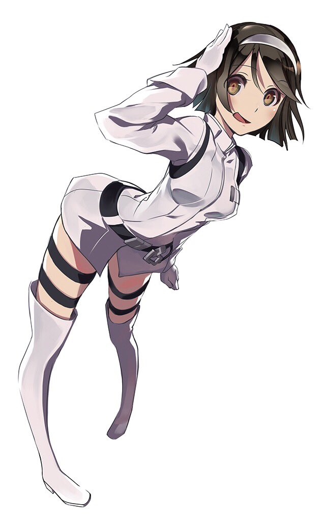 1girl belt black_hair boots breast_pocket brown_eyes character_request copyright_request dress erect_nipples full_body gloves hairband kantai_collection leaning_forward long_sleeves looking_at_viewer moriyama_yuuki pocket salute short_dress short_hair sidonia_no_kishi solo standing tanikaze_(kantai_collection) thigh-highs thigh_boots uniform white_background white_gloves