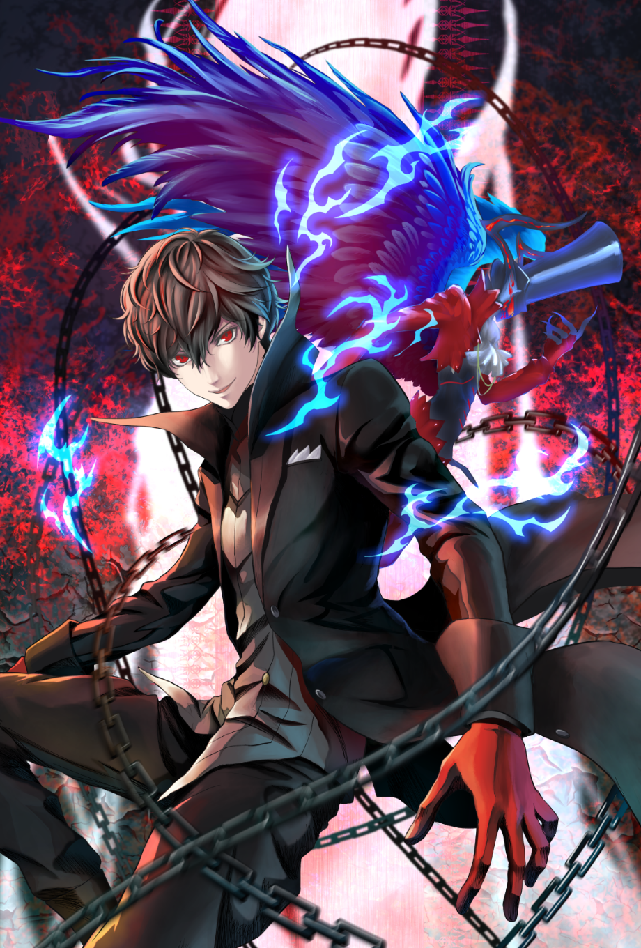 1boy arsene_(persona_5) black_hair black_pants chains gloves grey_shirt hair_between_eyes highres joker_(persona_2) kurusu_akira looking_at_viewer pants parted_lips persona persona_5 red_eyes red_gloves sanakichi shirt smile solo spiky_hair