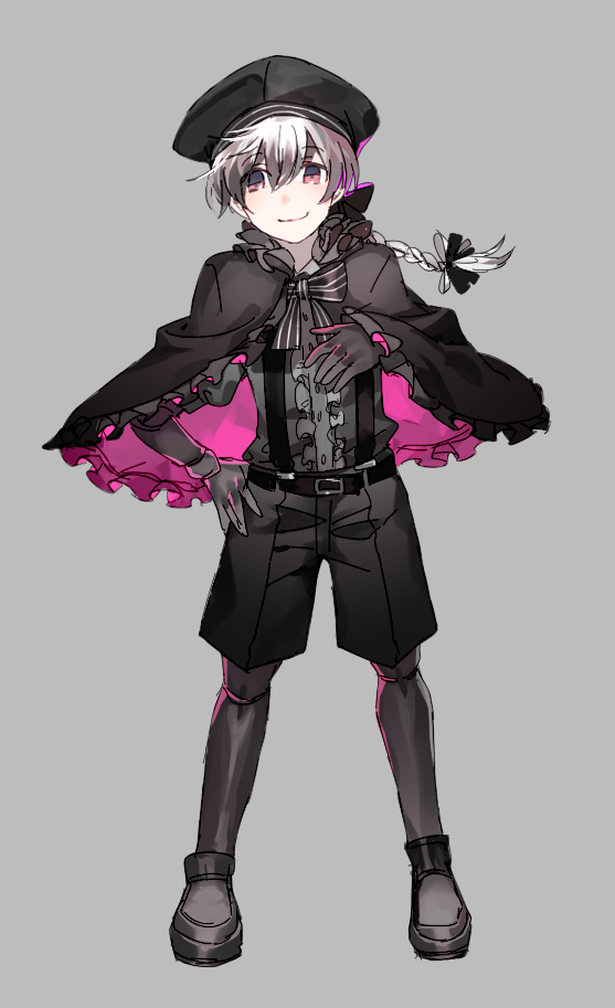 1boy black bow braid capelet doll_joints fate/grand_order fate_(series) full_body genderswap genderswap_(ftm) gloves grey_background hat male male_focus nursery_rhyme_(fate/extra) popokuri ribbon simple_background smile solo violet_eyes