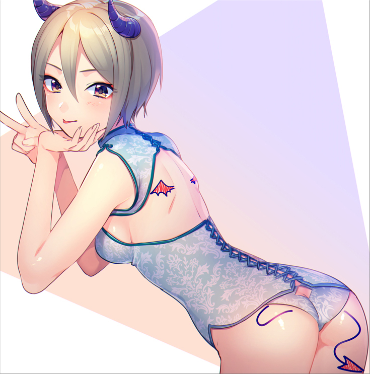 1girl ass bbbannooo blue_panties blush breasts brown_eyes corset demon_horns demon_tail from_behind grey_hair hair_between_eyes horns idolmaster idolmaster_cinderella_girls lingerie medium_breasts panties shiomi_shuuko short_hair sideboob sidelocks solo tail tongue tongue_out underwear v