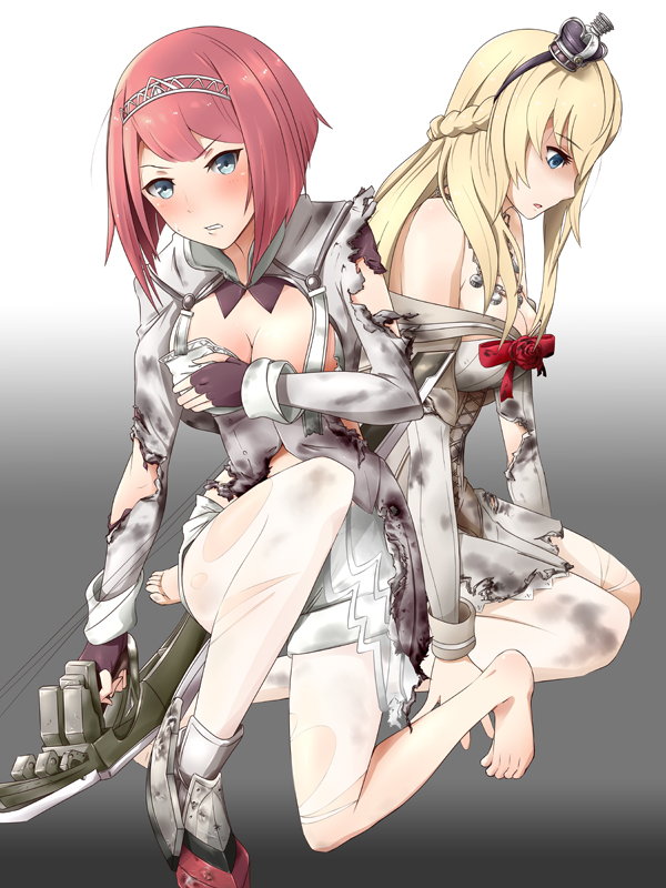 2girls ark_royal_(kantai_collection) bangs black_hairband blonde_hair blue_eyes blunt_bangs blush bob_cut boots bow_(weapon) braid breasts cleavage cleavage_cutout compound_bow covering covering_breasts crown dress eyebrows_visible_through_hair fingerless_gloves flower french_braid frown gloves gradient gradient_background gudon_(iukhzl) hair_between_eyes hairband hands_on_floor holding holding_weapon jacket jewelry kantai_collection kneeling long_hair looking_at_viewer medium_breasts mini_crown multiple_girls necklace one_knee open_mouth overskirt pantyhose red_ribbon red_rose redhead ribbon rose short_hair shorts tiara torn_clothes warspite_(kantai_collection) weapon white_jacket white_legwear