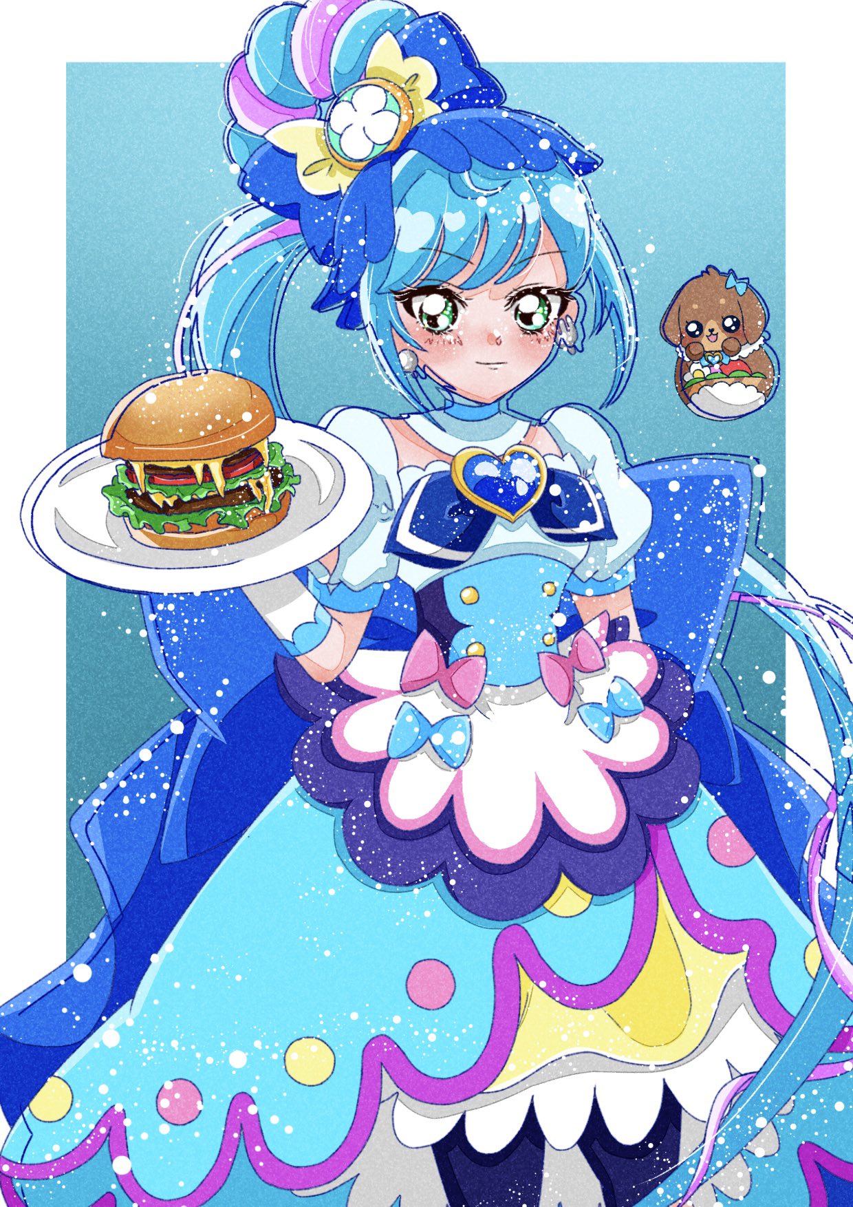 1girl blue_theme burger commentary_request cure_spicy delicious_party_precure earrings emuimuiko eyelashes food fuwa_kokone hair_ornament happy highres jewelry long_hair looking_at_viewer magical_girl pamu-pamu_(precure) precure puffy_short_sleeves puffy_sleeves short_sleeves side_ponytail simple_background sketch smile solo very_long_hair white_background