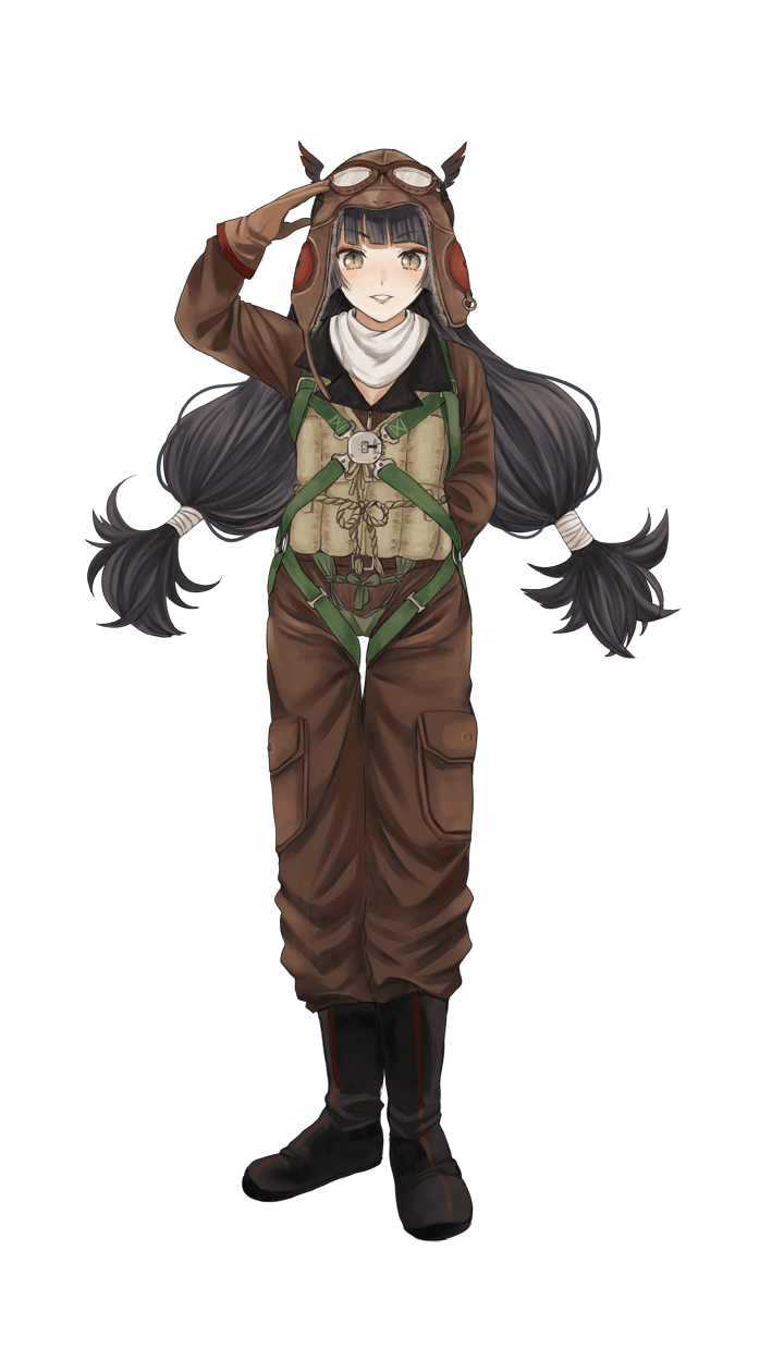 1girl aviator_cap black_boots black_hair boots brown_gloves formation_girls full_body gloves goggles goggles_on_headwear highres kurodeko long_hair looking_at_viewer low-tied_long_hair nue_chiiko official_art salute scarf solo transparent_background twintails very_long_hair white_scarf