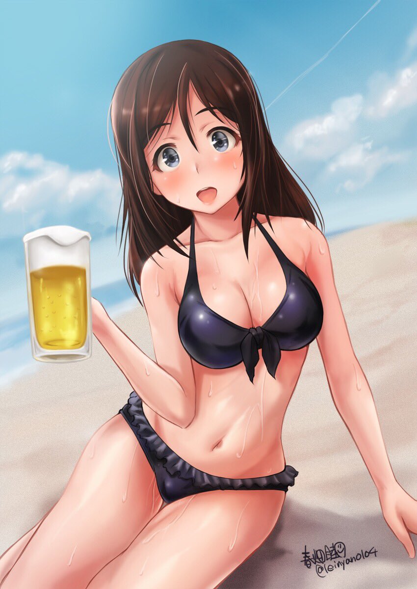 1girl alcohol beach beer beer_mug bikini black_bikini blue_eyes breasts brown_hair character_request clouds day frilled_bikini frills front-tie_top haruhata_mutsuki highres long_hair looking_at_viewer medium_breasts open_mouth outdoors sand signature sitting sky smile solo swimsuit twitter_username