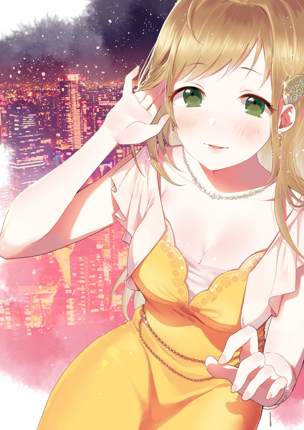 1girl ahoge blonde_hair blush breasts cleavage dress furururu green_eyes hair_down highres idolmaster idolmaster_cinderella_girls idolmaster_cinderella_girls_starlight_stage jewelry long_hair looking_at_viewer necklace parted_lips satou_shin smile solo