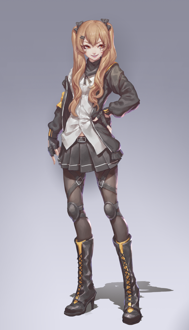 1girl arm_at_side black_boots black_bow black_gloves black_jacket black_skirt boots bow brown_eyes brown_hair cross-laced_footwear fingerless_gloves full_body girls_frontline gloves gradient gradient_background hair_bow hand_on_hip high_heels jacket knee_pads long_hair looking_away off_shoulder open_clothes open_jacket ouer_moyu pleated_skirt scar scar_across_eye shirt silhouette skirt smirk solo standing twintails ump9_(girls_frontline) white_shirt