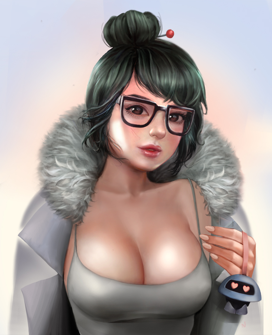 1girl adapted_costume black-framed_eyewear black_hair blue_background breasts brown_eyes cleavage collarbone commentary drone fingernails fur-trimmed_jacket fur_coat fur_trim gradient gradient_background grey_shirt hair_ornament hair_stick heart holding jacket large_breasts lips looking_at_viewer mei_(overwatch) no_bra noon_nune nose overwatch parted_lips pink_background shirt snowflake_hair_ornament solo tank_top toy upper_body
