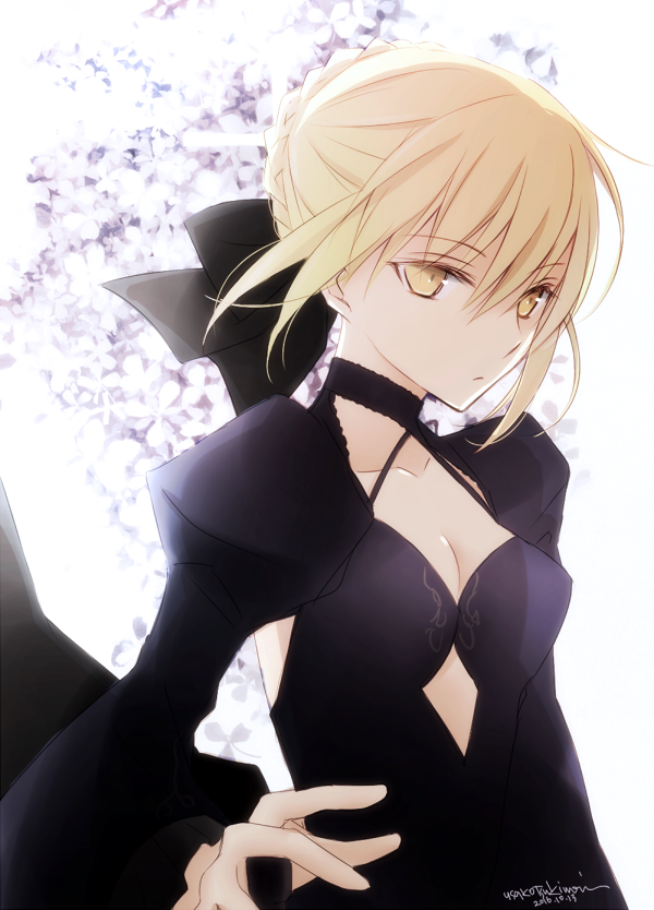 1girl 2016 artoria_pendragon_(all) black_ribbon blonde_hair breasts cleavage collarbone dated fate/hollow_ataraxia fate_(series) hair_between_eyes hair_ribbon medium_breasts ribbon saber_alter short_hair solo tsukimori_usako upper_body yellow_eyes