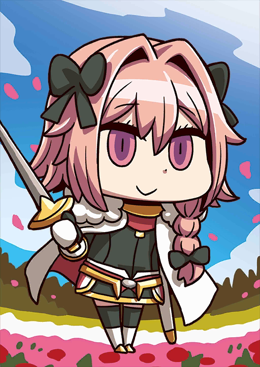 1boy chibi fate/grand_order fate_(series) holding holding_sword holding_weapon official_art pink_eyes pink_hair rider_of_black riyo_(lyomsnpmp) solo star sword trap weapon