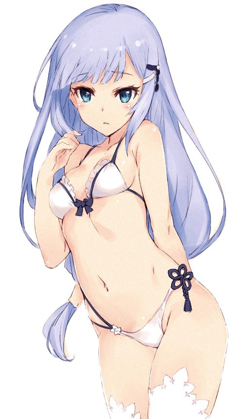 1girl arm_behind_back bangs bare_arms bare_shoulders bikini blue_eyes blue_hair blunt_bangs breasts hair_ornament kawata_hisashi long_hair looking_at_viewer low-tied_long_hair navel simple_background small_breasts solo stomach swimsuit thigh-highs white_background white_bikini