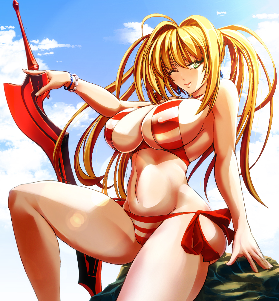 1girl belly bikini blonde_hair bracelet breasts clouds earrings erect_nipples fate/grand_order fate_(series) green_eyes jewelry kawaraya_a-ta large_breasts long_hair looking_at_viewer nero_claudius_(swimsuit_caster)_(fate) one_eye_closed red_swimsuit saber_extra side-tie_bikini sitting smile solo striped striped_swimsuit swimsuit sword thighs weapon white_swimsuit