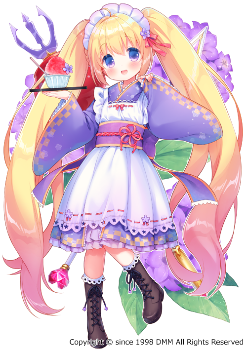 1girl :d ahoge apron bangs blonde_hair boots bow bowl brown_boots checkered company_name cross-laced_footwear eyebrows_visible_through_hair floral_background flower flower_knight_girl full_body gem hair_flower hair_ornament hairband head_tilt heliotrope_(flower_knight_girl) japanese_clothes kimono knees_together_feet_apart lace-trimmed_apron lace-up_boots long_hair long_sleeves looking_at_viewer maid_headdress obi object_namesake official_art open_mouth pinching_sleeves purple_bow purple_kimono ribbon-trimmed_apron ribbon_trim sash shaved_ice smile solo sparkle staff standing standing_on_one_leg tray twintails usashiro_mani very_long_hair violet_eyes wa_maid waitress white_apron wide_sleeves