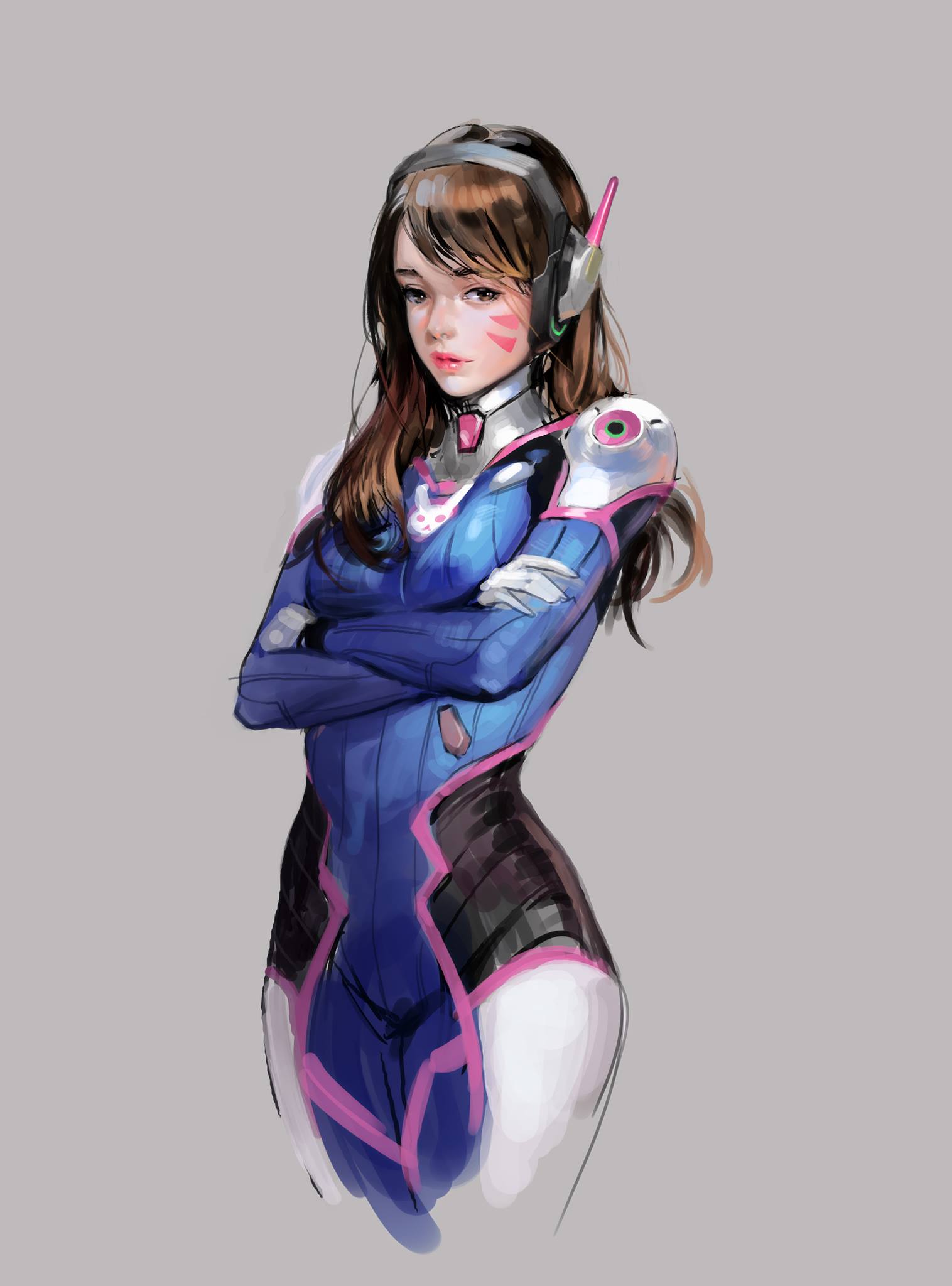 1girl animal_print blue_bodysuit bodysuit breasts brown_eyes brown_hair bunny_print closed_mouth crossed_arms d.va_(overwatch) facepaint facial_mark grey_background headphones highres j._won_han lips long_hair looking_at_viewer medium_breasts overwatch pink_lips ribbed_bodysuit simple_background standing whisker_markings