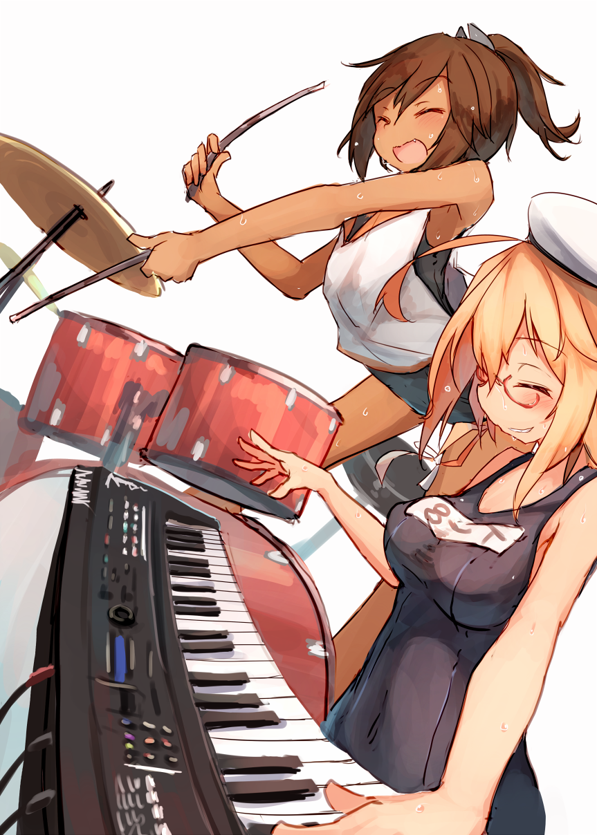 2girls :d beize_(garbage) beret blonde_hair brown_hair closed_eyes commentary_request cymbals drum drum_set drumsticks fang glasses hat highres i-401_(kantai_collection) i-8_(kantai_collection) instrument kantai_collection keyboard_(instrument) multiple_girls open_mouth ponytail red-framed_eyewear school_swimsuit school_uniform serafuku simple_background smile swimsuit swimsuit_under_clothes wet white_background