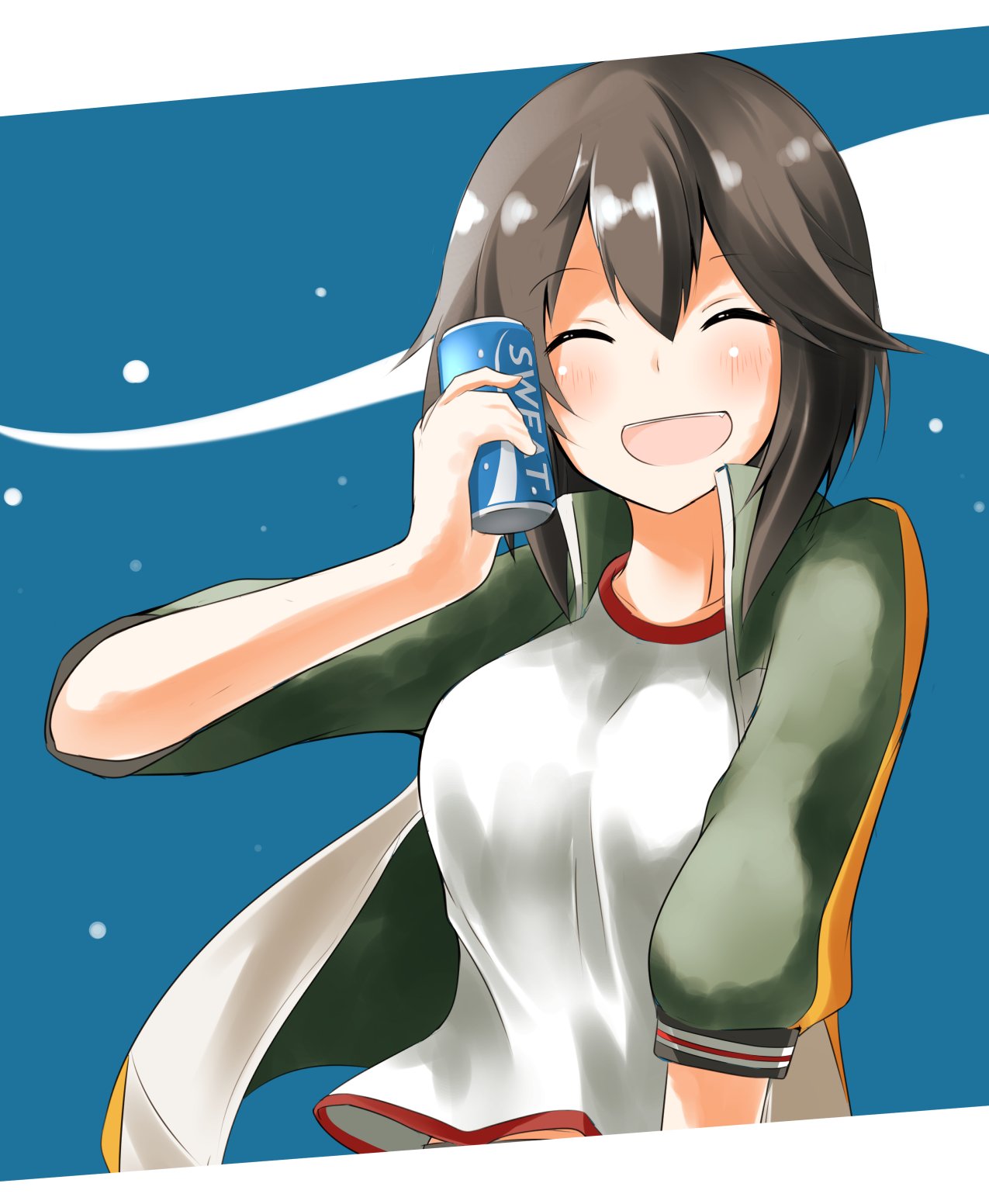 1girl black_hair blush gym_shirt hayasui_(kantai_collection) highres jacket kantai_collection open_mouth pia_(botamochinjufu) pocari_sweat shirt short_hair smile solo track_jacket upper_body