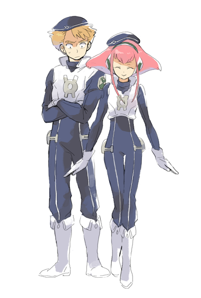 1boy 1girl barara_peol boots closed_eyes gloves gundam gundam_g_no_reconguista pink_hair short_hair smile uniform white_background