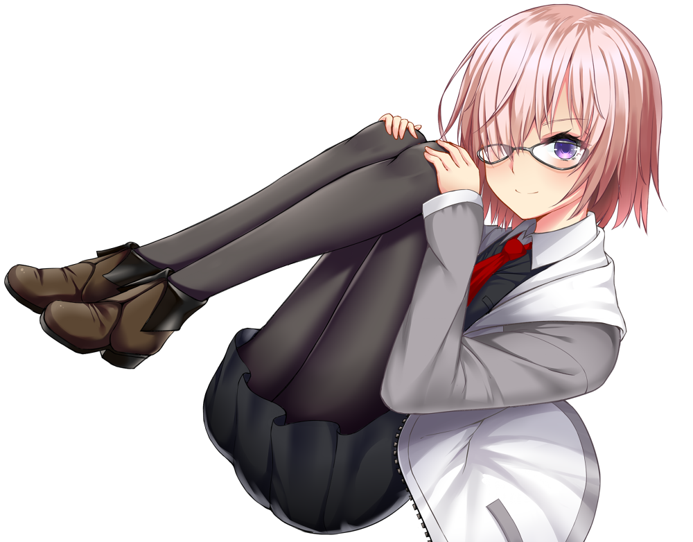 black-framed_eyewear black_dress black_legwear brown_shoes cardigan dress fate/grand_order fate_(series) full_body grey_sweater hair_over_one_eye hands_on_own_knees looking_at_viewer necktie open_cardigan open_clothes pantyhose pink_hair red_necktie shielder_(fate/grand_order) shimo_(shimo_00) shoes short_dress short_hair smile unzipped violet_eyes