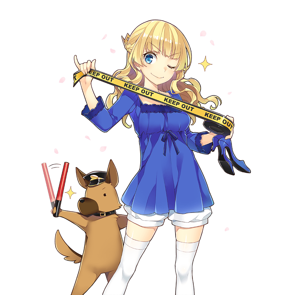 1girl ;) amelie_mcgregor blonde_hair blue_dress blue_eyes blue_shoes braid caution_tape contrapposto dog dress eyebrows_visible_through_hair french_braid hat holding holding_shoes keep_out long_hair looking_at_viewer mmu official_art one_eye_closed police_hat shoes shorts smile solo sparkle standing thigh-highs transparent_background uchi_no_hime-sama_ga_ichiban_kawaii wavy_hair white_legwear