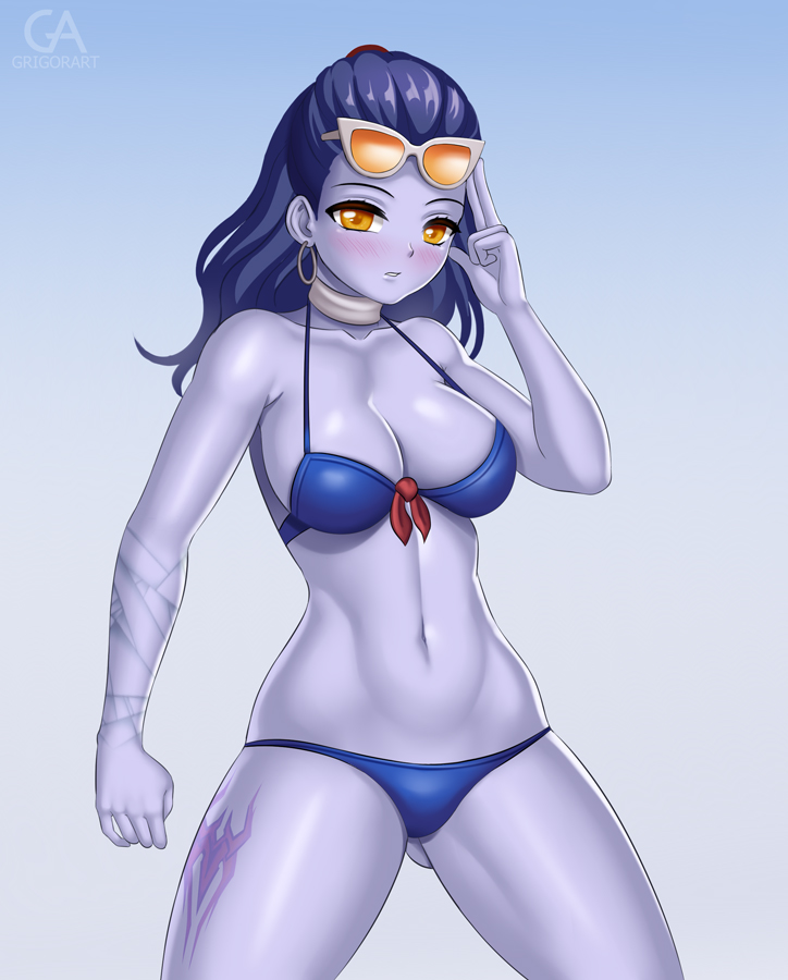 1girl artist_name bare_shoulders bikini blue_skin blush breasts cleavage collarbone cowboy_shot earrings eyelashes gluteal_fold gradient gradient_background grigorart jewelry large_breasts long_hair looking_at_viewer midriff navel overwatch purple_hair solo standing sunglasses sunglasses_on_head swimsuit tattoo thighs widowmaker_(overwatch) yellow_eyes