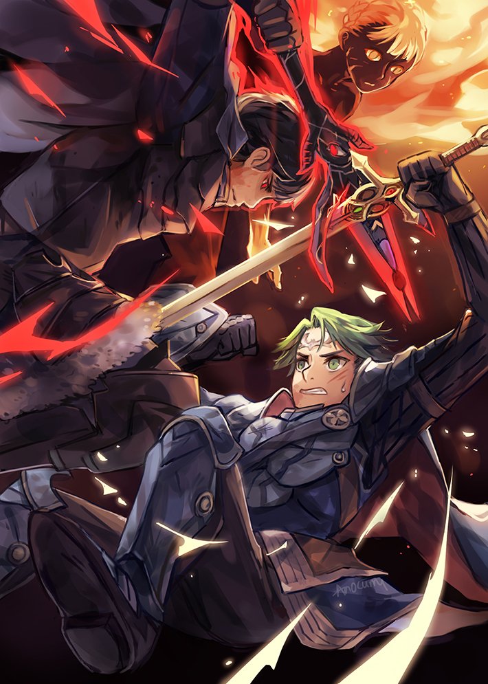 2boys alm_(fire_emblem) anocurry armor berkut_(fire_emblem) black_hair blood cape fire_emblem fire_emblem_echoes:_mou_hitori_no_eiyuuou fur_trim gloves green_eyes green_hair headband holding holding_weapon linea_(fire_emblem) male_focus multiple_boys red_eyes short_hair smile spoilers sword weapon