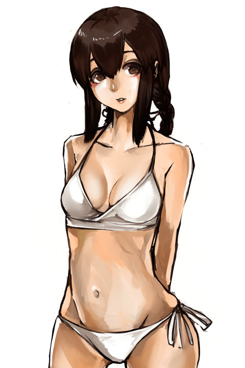 1girl arms_behind_back bcrow bikini braid breasts brown_eyes brown_hair collarbone groin hair_between_eyes hips isonami_(kantai_collection) kantai_collection lips looking_at_viewer medium_breasts navel open_mouth side-tie_bikini sidelocks solo standing swimsuit white_bikini