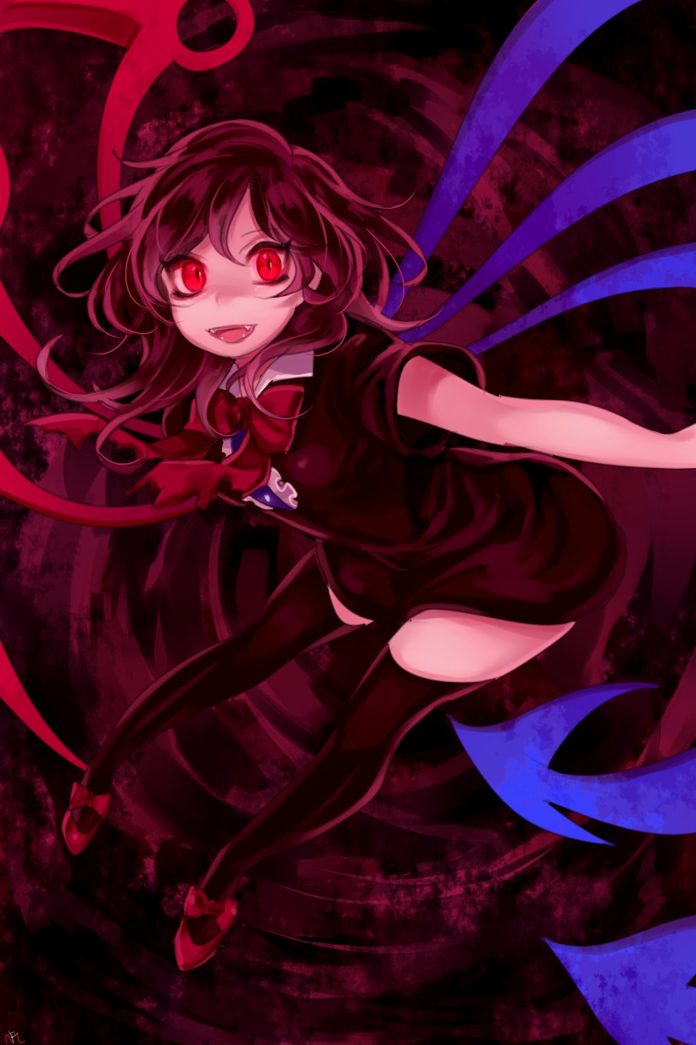 1girl asymmetrical_wings bare_arms black_dress black_hair black_legwear bow bowtie darkness dress fangs highres houjuu_nue looking_at_viewer red_bow red_bowtie red_eyes red_shoes shan shoe_bow shoes short_dress short_hair short_sleeves solo thigh-highs touhou wings zettai_ryouiki