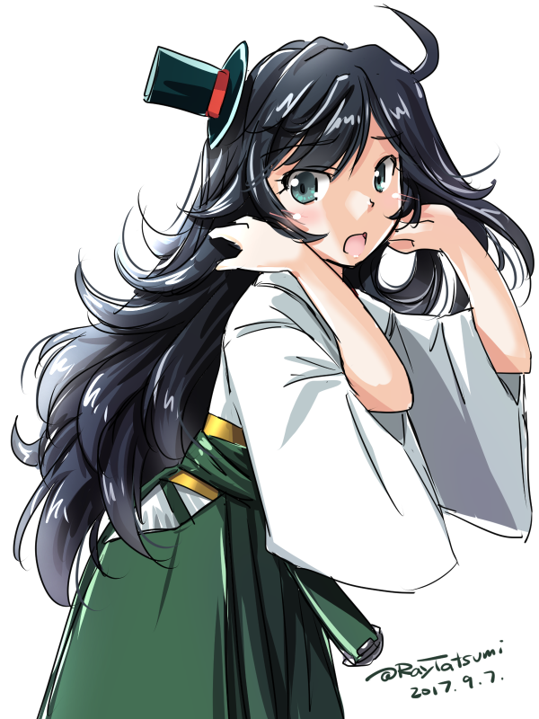 1girl :o ahoge alternate_hair_length alternate_hairstyle artist_name bangs black_hair black_hat blue_eyes blush dated eyebrows_visible_through_hair from_side green_hairband hands_in_hair hat hip_vent japanese_clothes kantai_collection kimono leaning_forward long_hair long_sleeves looking_at_viewer looking_to_the_side matsukaze_(kantai_collection) mini_hat mini_top_hat open_mouth sash shiny shiny_hair simple_background solo standing swept_bangs tatsumi_rei top_hat twitter_username upper_body very_long_hair white_background white_kimono wide_sleeves