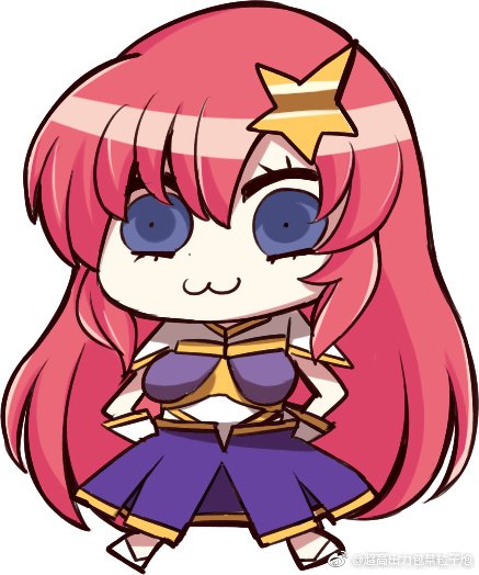 1girl :3 absurdly_long_hair baocaizi blue_eyes chibi gundam gundam_seed gundam_seed_destiny hair_ornament hands_on_hips long_hair meer_campbell parody pink_hair riyo_(lyomsnpmp)_(style) smile solo star star_hair_ornament style_parody very_long_hair