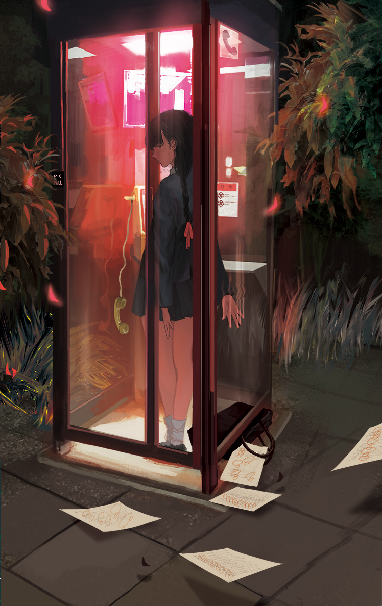 1girl bag braid highres looking_at_viewer looking_back night original payphone phone phone_booth sara_(srsrmrmr) school_bag school_uniform single_braid uniform