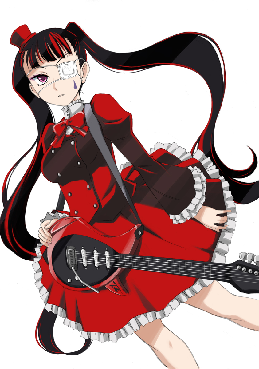 1girl arisugawa_nino bangs black_hair blunt_bangs bow carrying commentary_request dutch_angle electric_guitar eyepatch facial_tattoo frilled_skirt frills fukumenkei_noise guitar hat highres holding holding_instrument instrument jacket long_hair long_sleeves looking_at_viewer medical_eyepatch medium_skirt mini_hat mini_top_hat parted_lips red_bow red_jacket red_skirt shirt skirt solo standing tattoo top_hat twintails violet_eyes wanyan_aguda white_background white_shirt wide_sleeves