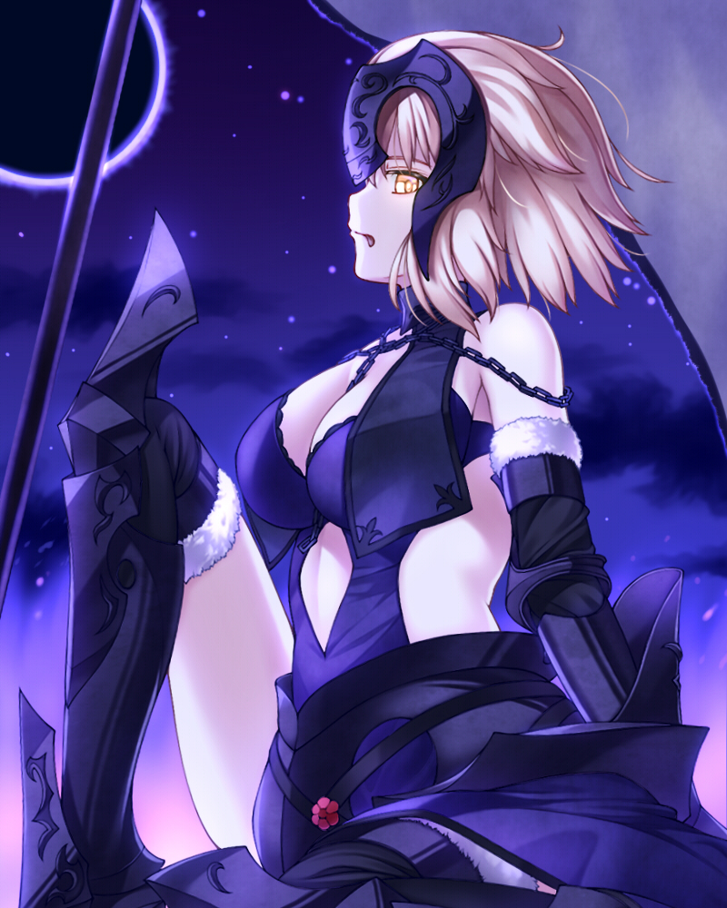 1girl armor armored_boots black_legwear blonde_hair boots breasts cleavage cutout eclipse fate/grand_order fate_(series) from_side jeanne_alter linon medium_breasts ruler_(fate/apocrypha) short_hair sideboob sitting solo thigh-highs thigh_boots tongue tongue_out yellow_eyes