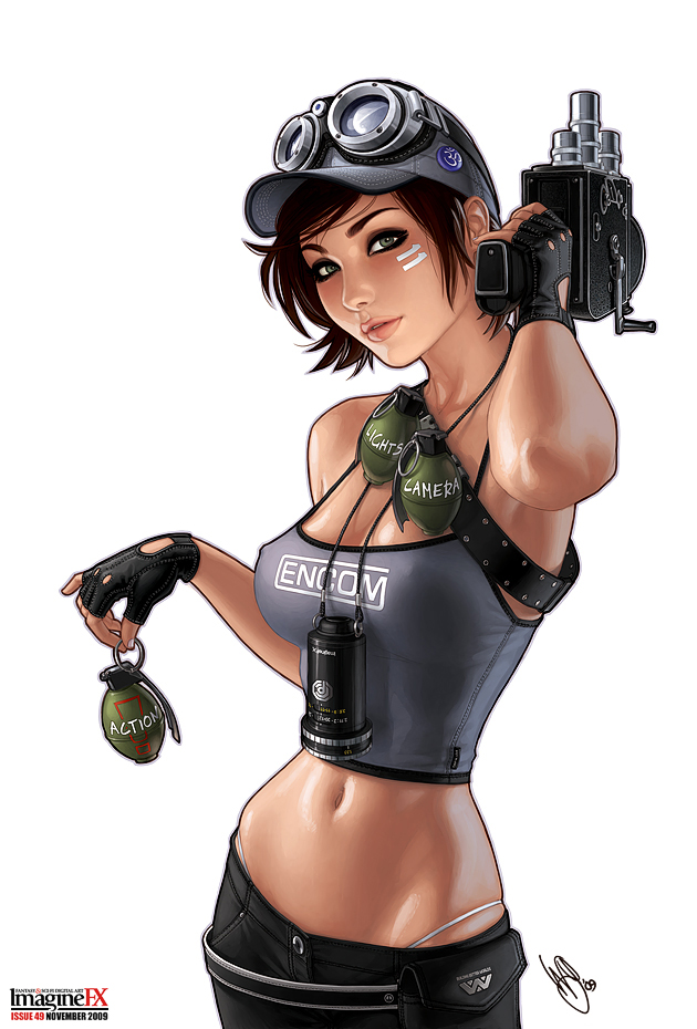 1girl 2009 alien_(movie) aliens baseball_cap becky_(imaginefx) belt_pouch breasts brown_hair camera camisole clothes_writing commentary encom erect_nipples explosive fingerless_gloves gloves goggles goggles_on_head grenade hat highleg highleg_panties imaginefx lips looking_at_viewer mascot medium_breasts midriff movie_camera navel november ocp panties parted_lips pouch realistic robocop shiny shiny_skin short_hair signature simple_background skindentation solo strap_gap tattoo tron underwear warren_louw weyland-yutani