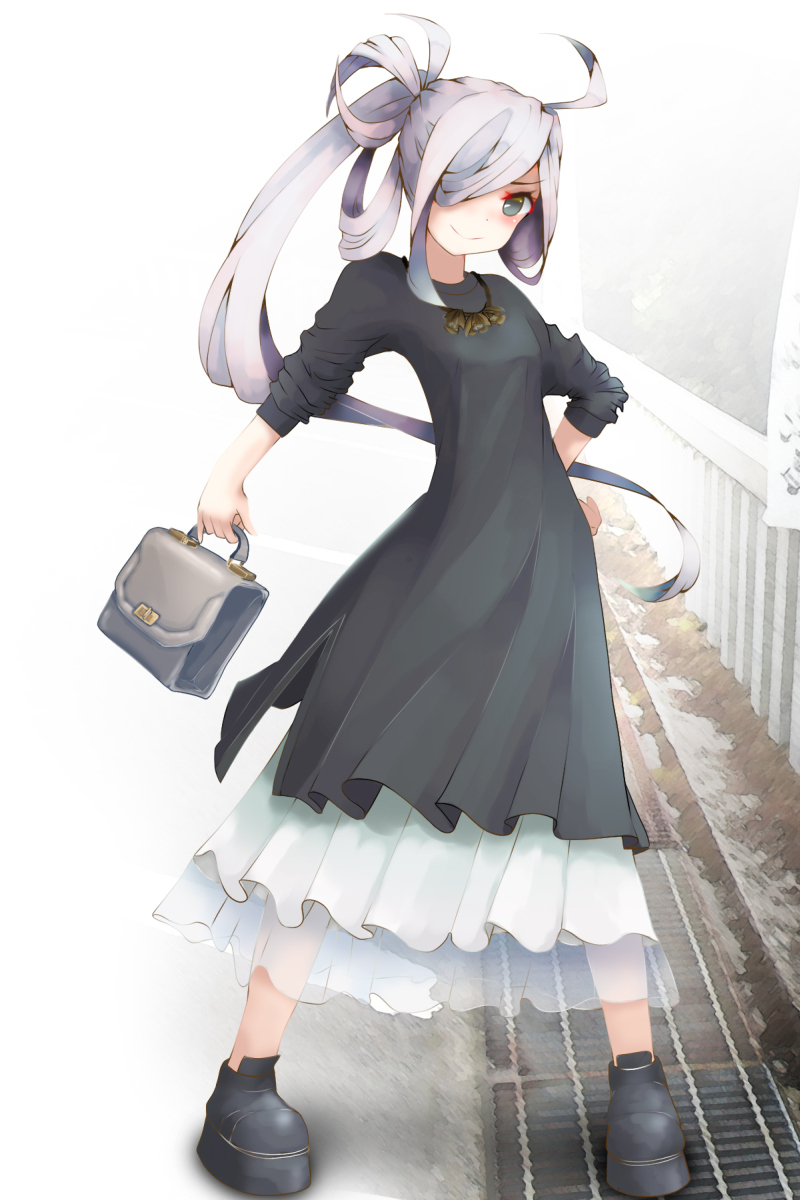 1girl ahoge alternate_costume asashimo_(kantai_collection) bag black_dress casual dress fence green_eyes hair_over_one_eye hair_ribbon hand_on_hip handbag highres jewelry kantai_collection long_hair long_sleeves looking_at_viewer momin necklace ponytail ribbon shoes silver_hair sleeves_rolled_up smile solo standing very_long_hair