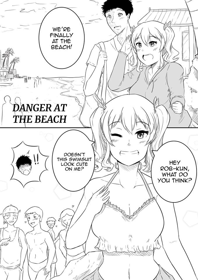 !! 1girl 5boys beach black_hair blush burn_scar comic drooling faceless faceless_male greyscale grin hair_ornament heart kantai_collection kashima_(kantai_collection) monochrome multiple_boys navel ocean one_eye_closed palm_tree robba-san_(wangphing) rock scar short_hair smile speech_bubble swimsuit tagme title tree twintails wangphing white_background