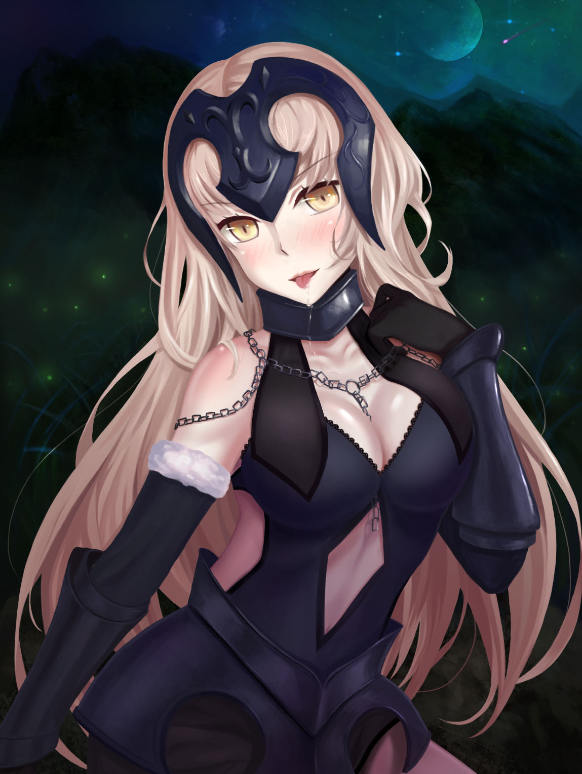 1girl black_gloves blonde_hair blush breasts chains cleavage collarbone cutout elbow_gloves eyebrows_visible_through_hair fate/grand_order fate_(series) gloves head_tilt highres jeanne_alter large_breasts long_hair looking_at_viewer moon night outdoors ruler_(fate/apocrypha) senyo_(pixiv19954875) solo tongue tongue_out very_long_hair yellow_eyes