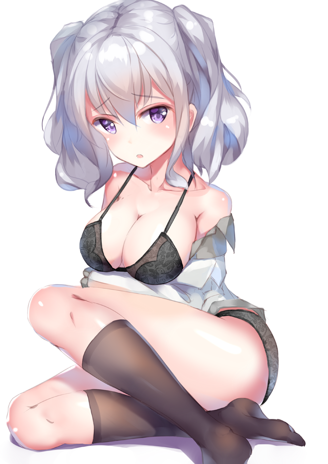 1girl black_bra black_legwear black_panties bra breasts eyebrows_visible_through_hair henet_hene kantai_collection kashima_(kantai_collection) large_breasts long_hair military military_uniform open_mouth panties silver_hair solo tsurime twintails underwear undressing uniform violet_eyes wavy_hair white_background