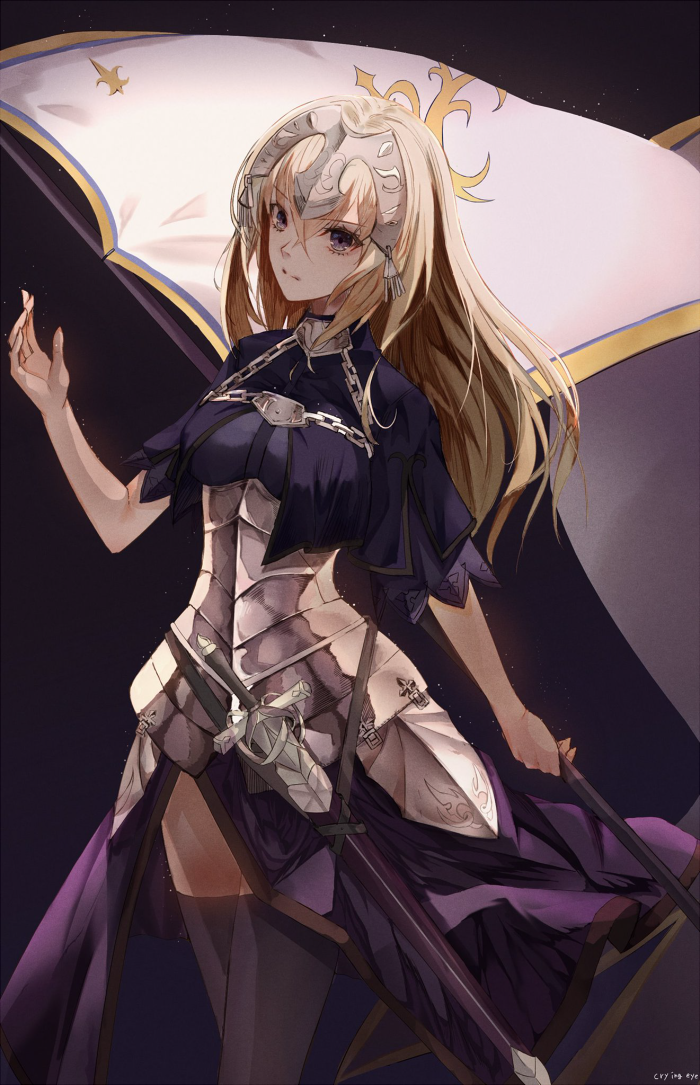 1girl armor armored_dress blonde_hair breasts crying_eye fate/apocrypha fate/grand_order fate_(series) flag headpiece large_breasts long_hair ruler_(fate/apocrypha) scabbard sheath sheathed solo sword thigh-highs violet_eyes weapon