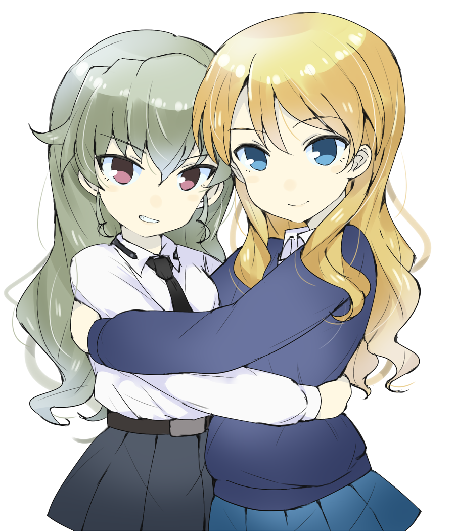 2girls alternate_hairstyle anchovy belt black_necktie black_skirt blonde_hair blue_eyes blue_skirt blue_sweater clenched_teeth closed_mouth collared_shirt couple darjeeling eyebrows_visible_through_hair female gedou_(ge_ge_gedou) girls_und_panzer green_hair grey_skirt grin hair_between_eyes hair_down head_tilt highres hug long_hair long_sleeves looking_at_viewer multiple_girls mutual_yuri neck necktie pleated_skirt red_eyes shiny shiny_hair shirt simple_background skirt smile standing sweater teeth wavy_hair white_background white_shirt yuri