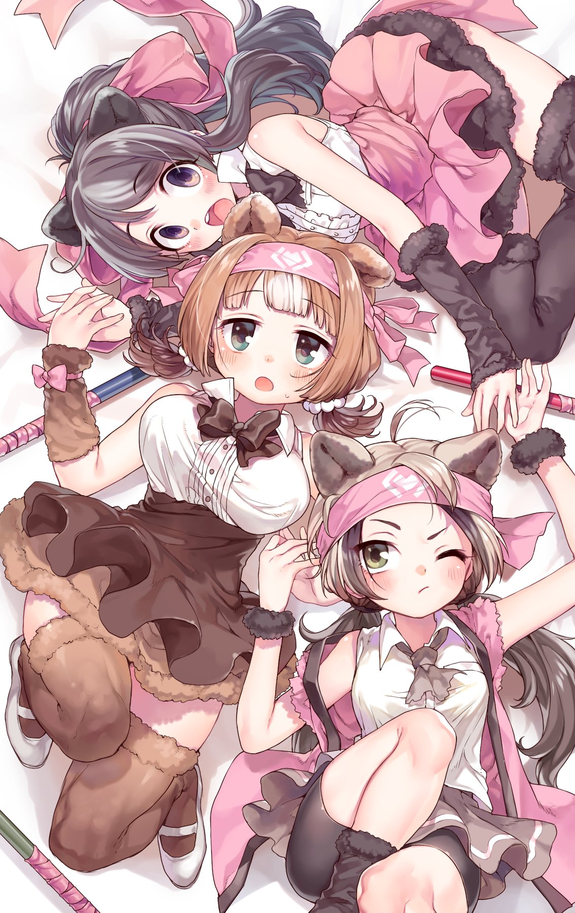 3girls :o ahoge animal_ears aqua_eyes arm_warmers arms_up bandanna bare_arms bear_ears bed_sheet bergman's_bear_(kemono_friends) bike_shorts black_legwear blush bouncing_breasts bow breast_pocket breasts brown_legwear brown_skirt center_frills collared_shirt extra_ears eyebrows ezo_brown_bear_(kemono_friends) fingernails frilled_shirt frills fur-trimmed_legwear fur_trim gradient_eyes green_eyes grey_hair grey_neckerchief grey_skirt hair_bobbles hair_bow hair_ornament hair_ribbon hand_holding hanten_(clothes) high-waist_skirt high_ponytail highres kemono_friends knee_up kodiak_bear_(kemono_friends) large_breasts light_brown_hair long_hair looking_at_viewer looking_up low_twintails lying mary_janes multicolored multicolored_eyes multicolored_hair multiple_girls neckerchief on_back on_side one_eye_closed open_mouth petticoat pink_bandana pink_bow pink_eyes pink_ribbon pink_skirt platinum_blonde pocket ponytail raised_eyebrow ribbon rojiko round_teeth shirt shoes short_hair shorts_under_skirt skirt sleeveless sleeveless_shirt staff sweat tareme teeth thigh-highs tsurime twintails two-tone_hair upper_teeth violet_eyes weapon white_footwear white_hair white_shirt white_shoes wristband zettai_ryouiki