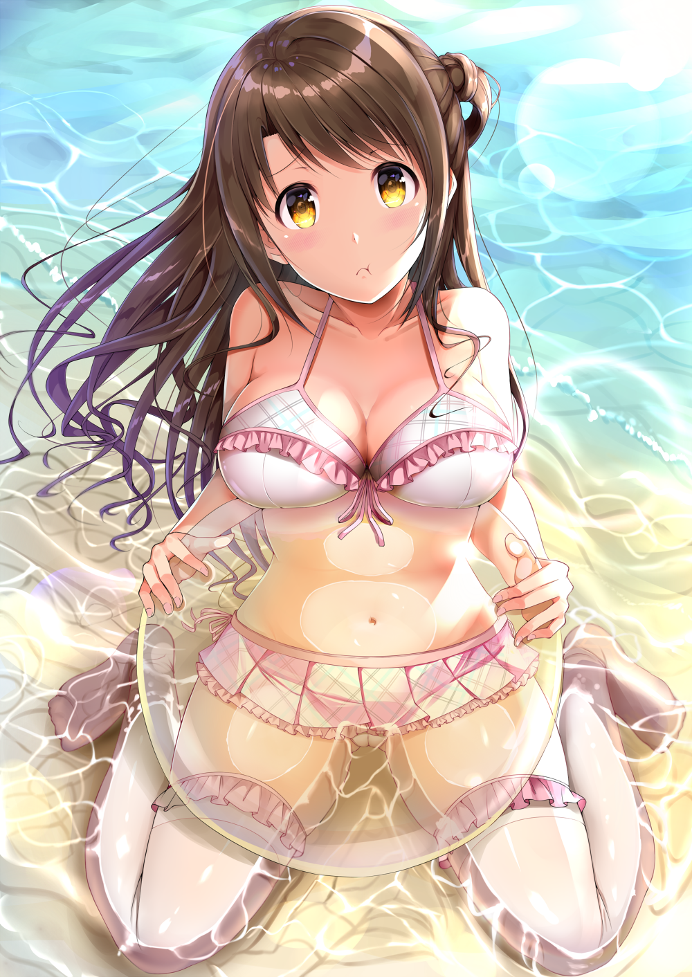 1girl :t beach bikini blush breasts brown_hair cleavage fay frilled_bikini frills from_above highres idolmaster idolmaster_cinderella_girls large_breasts long_hair navel pout sand shimamura_uzuki side_ponytail sitting solo swimsuit thigh-highs wariza water white_bikini white_legwear yellow_eyes