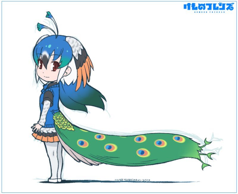 1girl arms_at_sides artist_name bird_tail black_hair black_shirt blue_border blue_hair blue_ribbon blue_vest border chibi closed_mouth collared_shirt copyright_name dated dot_nose floating_hair full_body gradient_hair green_hair hair_between_eyes head_wings kemono_friends long_hair looking_at_viewer multicolored multicolored_clothes multicolored_hair multicolored_skirt neck_ribbon pantyhose peacock_feathers peafowl_(kemono_friends) pleated_skirt red_eyes ribbon shadow shirt shoes short_over_long_sleeves simple_background skirt smile standing tail vest white_background white_footwear white_hair white_legwear white_shoes wings yoshizaki_mine