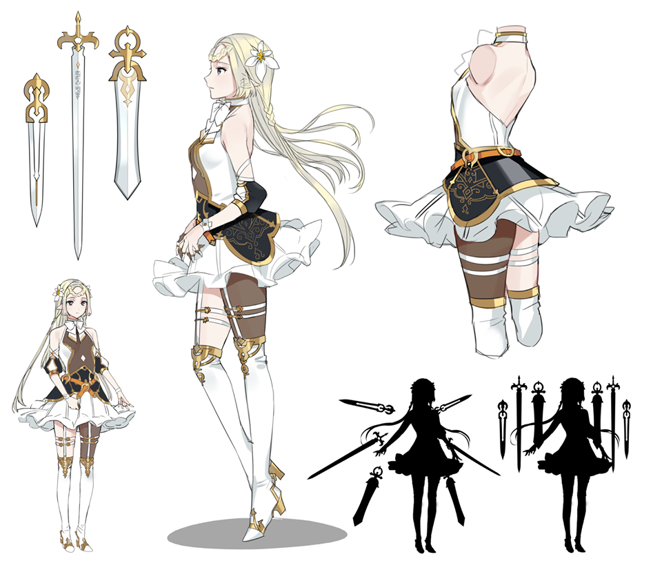 1girl blonde_hair braid concept_art dress epic7 flower garter_straps hair_flower hair_ornament inventory long_hair multiple_views open-back_dress pointy_ears profile shoes silhouette skirt standing sword weapon white_legwear white_shoes white_skirt