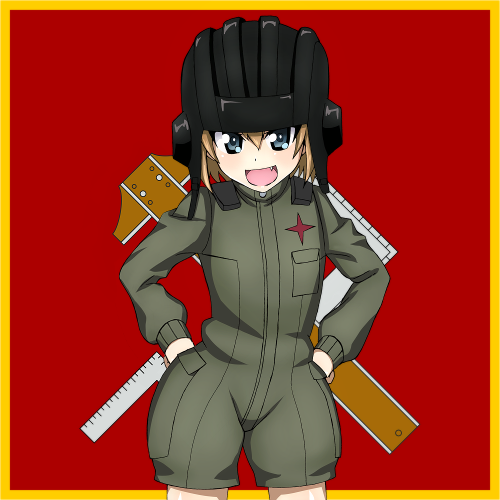 1girl bangs bickle_(bickle1983) blonde_hair blue_eyes commentary cowboy_shot crossed_arms emblem fang girls_und_panzer green_jumpsuit hands_on_hips helmet katyusha long_sleeves looking_at_viewer military military_uniform open_mouth pravda_(emblem) pravda_military_uniform short_hair short_jumpsuit smile solo standing uniform