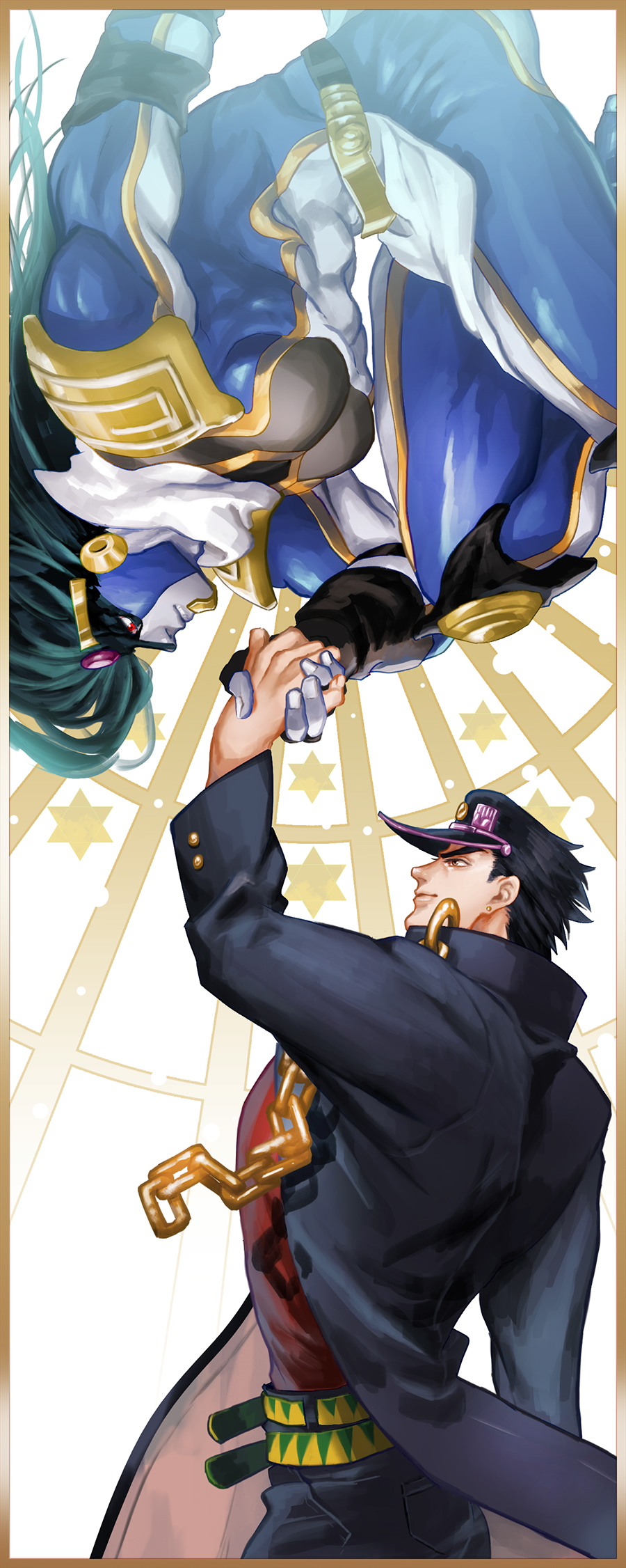 2boys awa_suna black_hair blue_skin chains floating gakuran green_hair hand_holding hat highres jojo_no_kimyou_na_bouken kuujou_joutarou long_hair male_focus multiple_boys pauldrons school_uniform star_platinum stardust_crusaders torn_clothes torn_hat