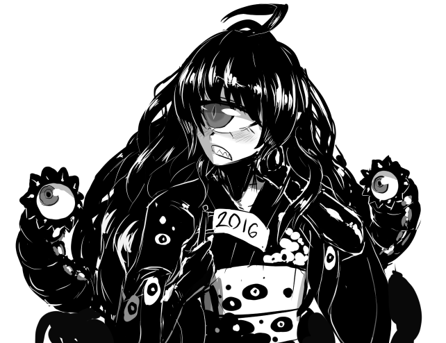 1girl 2016 ahoge blush clenched_teeth commentary cyclops cyzir_visheen extra_eyes gazer_(monster_girl_encyclopedia) greyscale japanese_clothes kimono long_hair long_sleeves monochrome monster_girl monster_girl_encyclopedia obi one-eyed sash sharp_teeth simple_background slit_pupils solo teeth tentacle very_long_hair white_background wide_sleeves