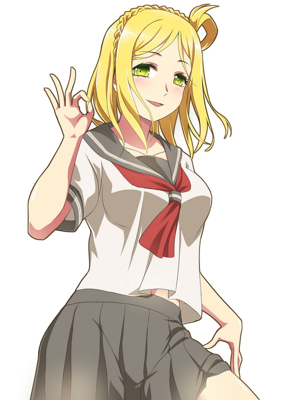 1girl :d blush green_eyes hair_rings khnchak love_live! love_live!_sunshine!! ohara_mari ok_sign open_mouth pleated_skirt school_uniform serafuku simple_background skirt smile white_background