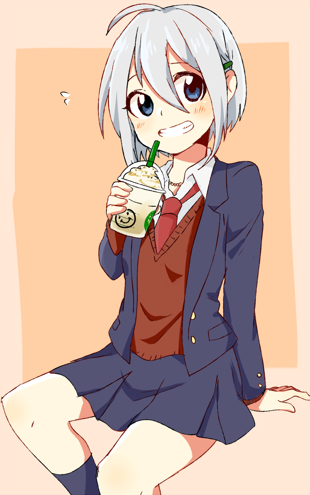 1girl ahoge arm_at_side arm_support arm_up bangs black_jacket black_legwear black_skirt blush collared_shirt commentary_request cup formal frappuccino grey_hair grin hair_between_eyes hair_ornament hairclip highres holding holding_cup jacket jewelry kneehighs long_sleeves necklace necktie original pleated_skirt red_necktie red_vest roku_kyuu shirt short_hair sitting sketch skirt smile solo suit teeth vest white_shirt wing_collar