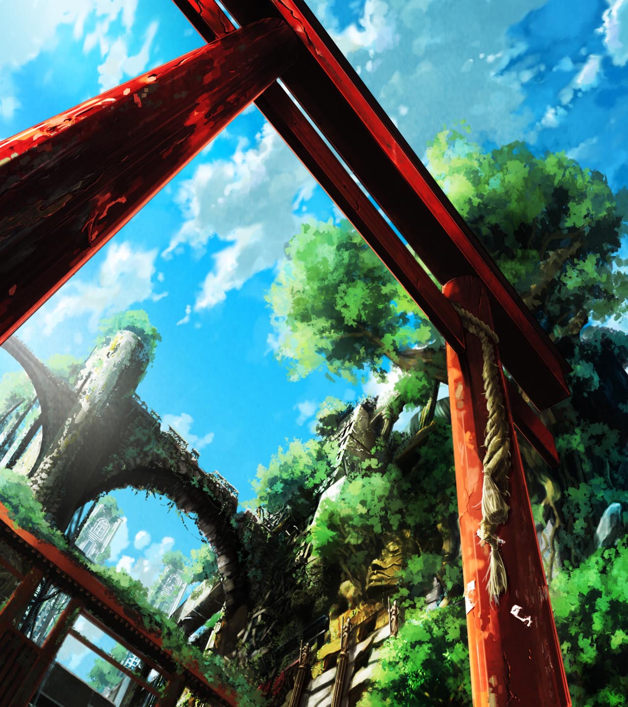 arch blue_sky bridge city clouds cloudy_sky day grass highres moss no_humans nurie_(siniariot) original outdoors rope ruins scenery sky torii tower tree