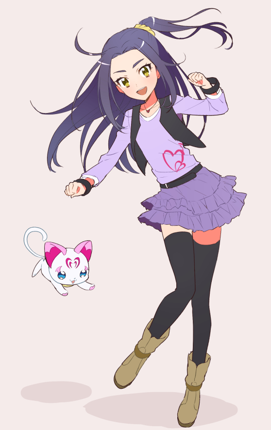 1girl :d belt black_legwear collarbone full_body green_eyes grey_background hair_ornament hair_scrunchie heart heart_print jewelry kurochiroko kurokawa_eren layered_skirt long_hair miniskirt necklace open_mouth precure purple_hair purple_shirt purple_skirt scrunchie shirt side_ponytail skirt smile solo suite_precure thigh-highs very_long_hair wrist_cuffs zettai_ryouiki