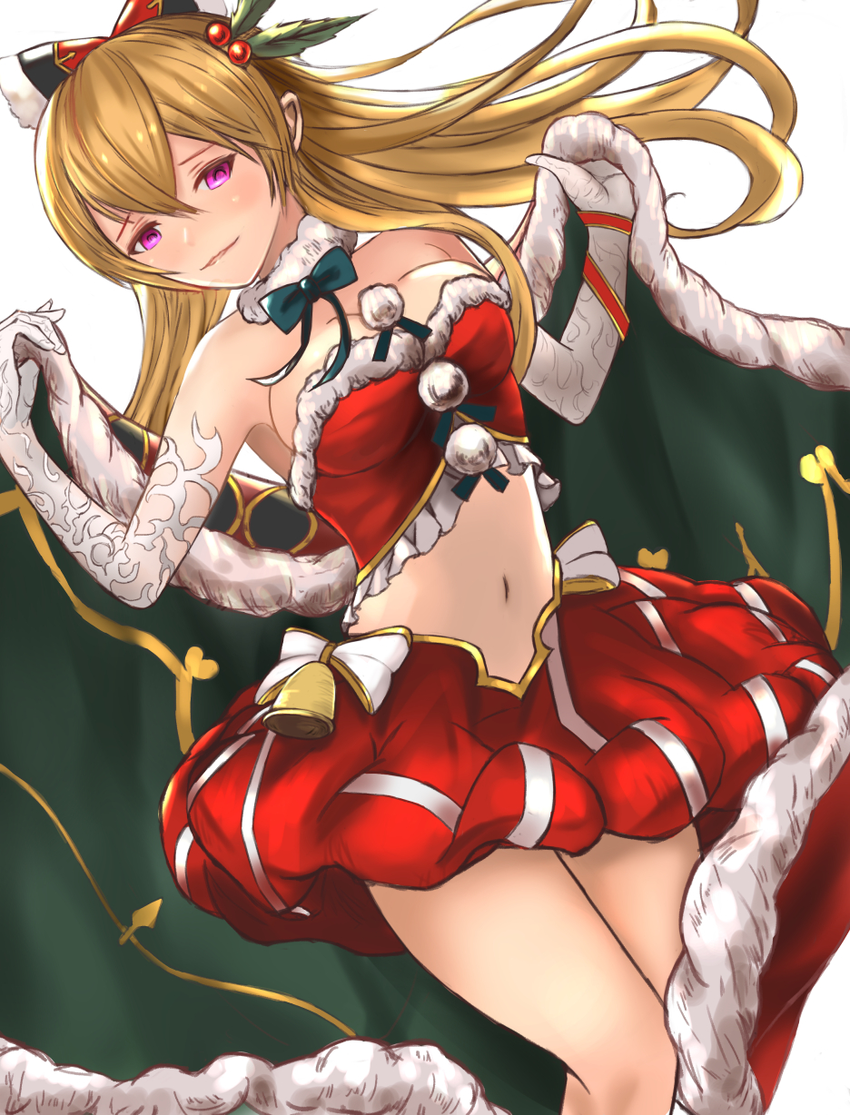 1girl bell breasts cape capelet christmas cleavage dutch_angle elbow_gloves fur-trimmed_cape fur_trim gloves granblue_fantasy highres long_hair looking_at_viewer medium_breasts navel red_eyes solo tark1122 thighs vira white_background